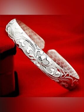 Elegant Silver Tone Floral Engraved Cuff Bracelet Adjustable Boho Stackable